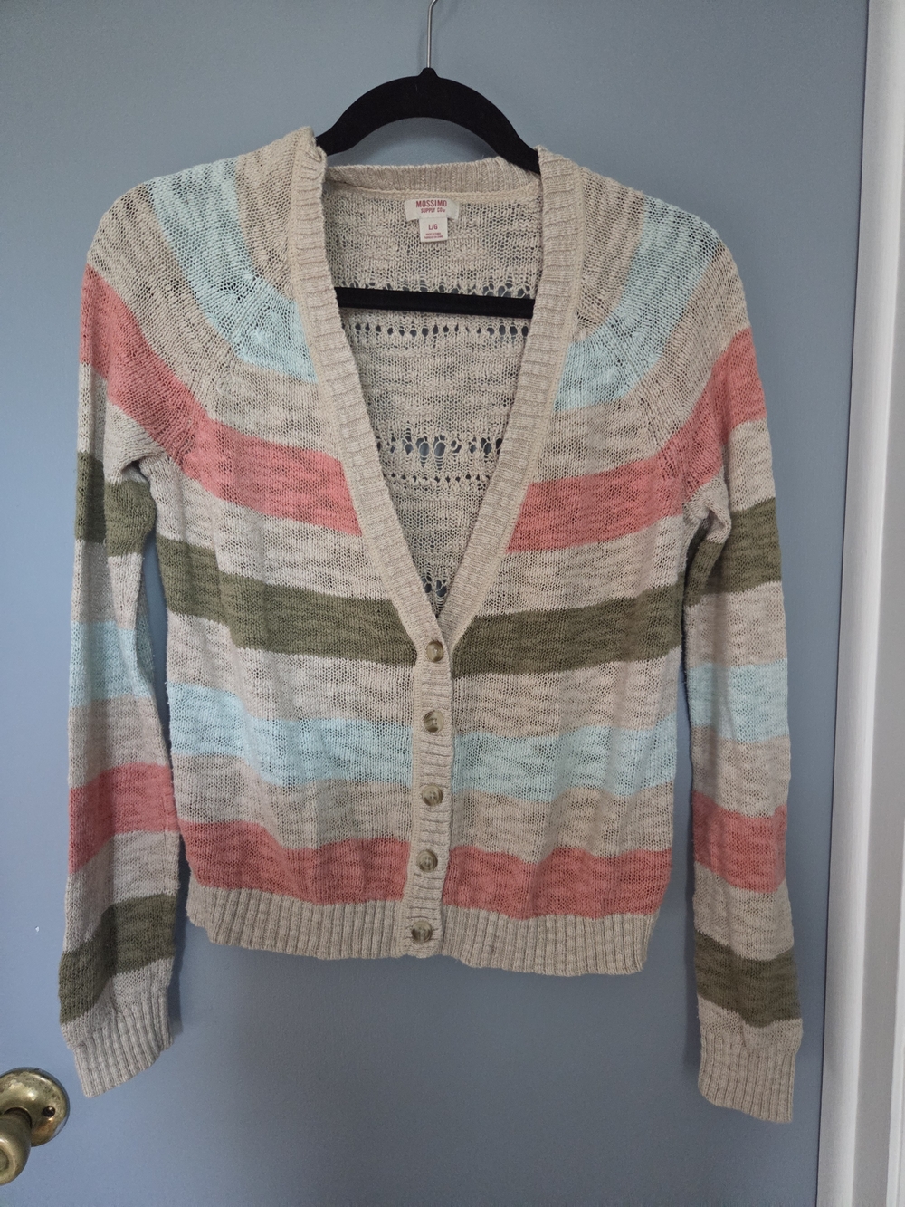 Mossimo Supply Co. Striped V-Neck Cardigan in Beige, Pink, Light Blue & Olive